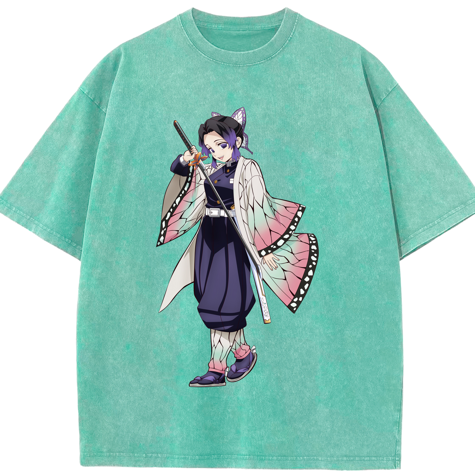 （画像用） 鬼滅の刃（きめつのやいば）蟲柱-胡蝶 しのぶ／こちょう しのぶ Kochou Shinobu 綿100% ヴィンテージ風 半袖Tシャツ（フロントプリント）